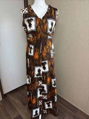 Vintage Hukilau Fashions 100% Cotton Maxi Dress Sz 14 Tiki Aloha Pineapple
